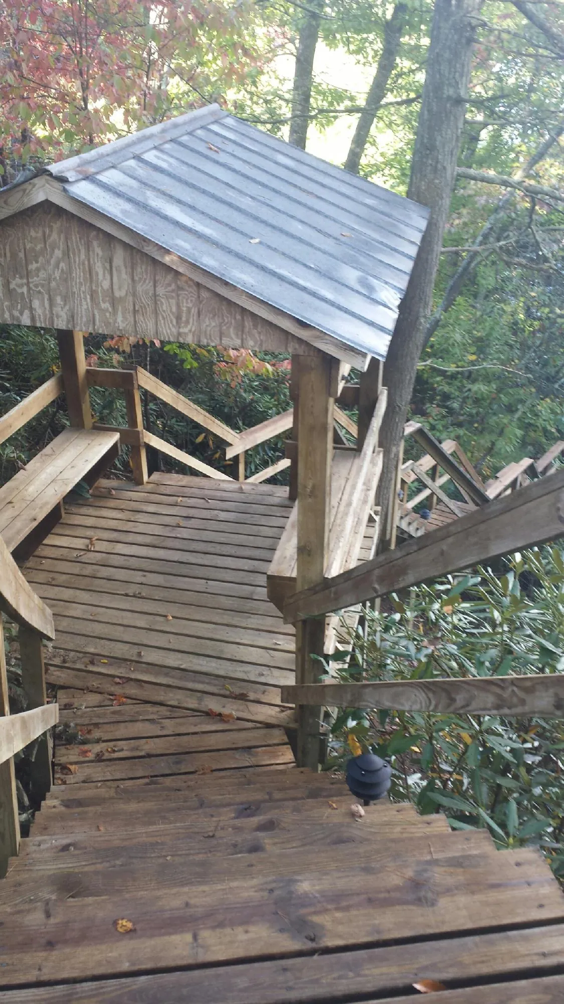 Metal roofed shelter over wooden steps on a wooded walkway — Skylight Repair & Installation work by our crew in Whitsett